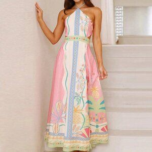 Multicolor Women's halter Neck Backless maxi Dress